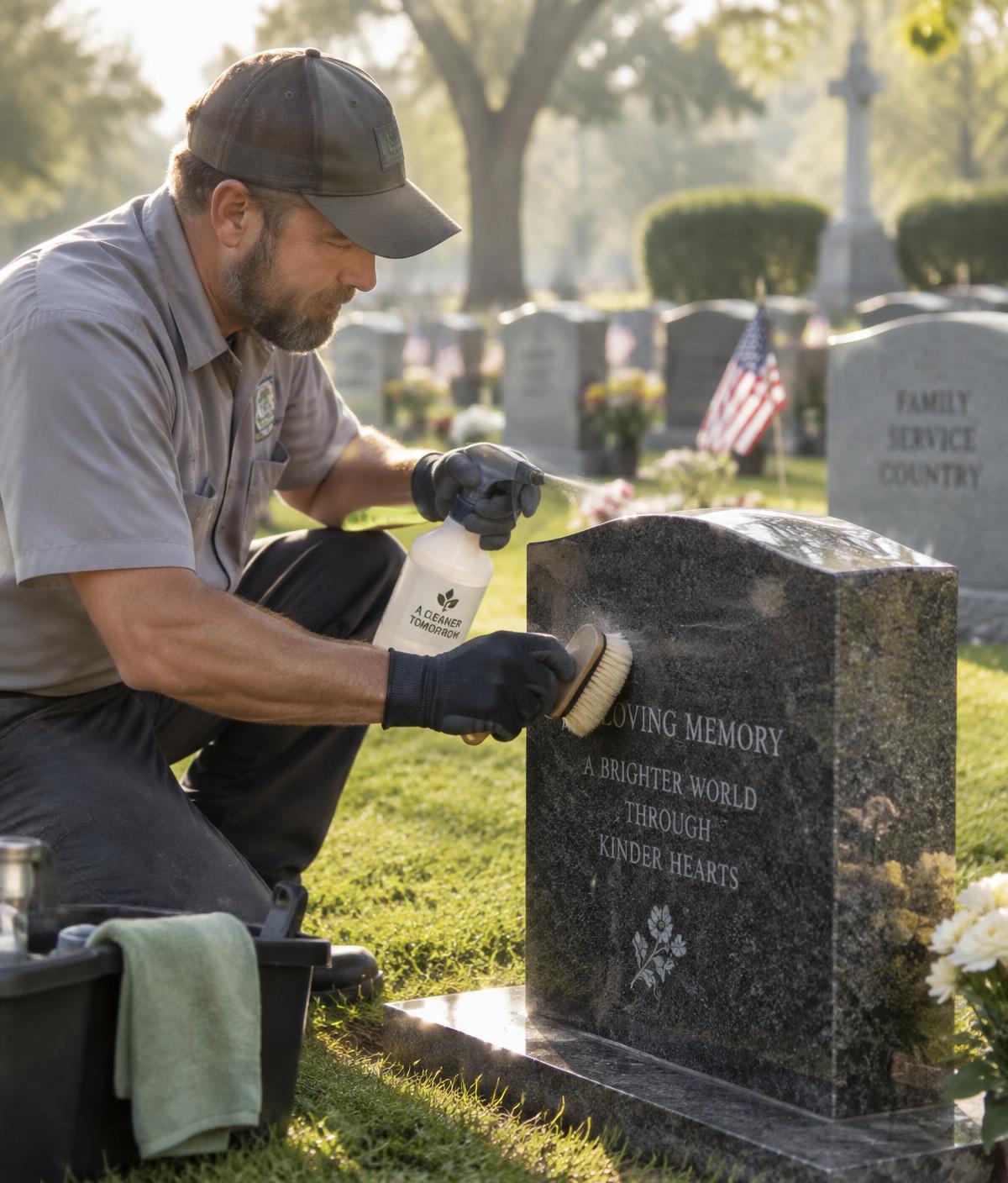 A Grave Tender carefully cleaning a headstone at a cemetery